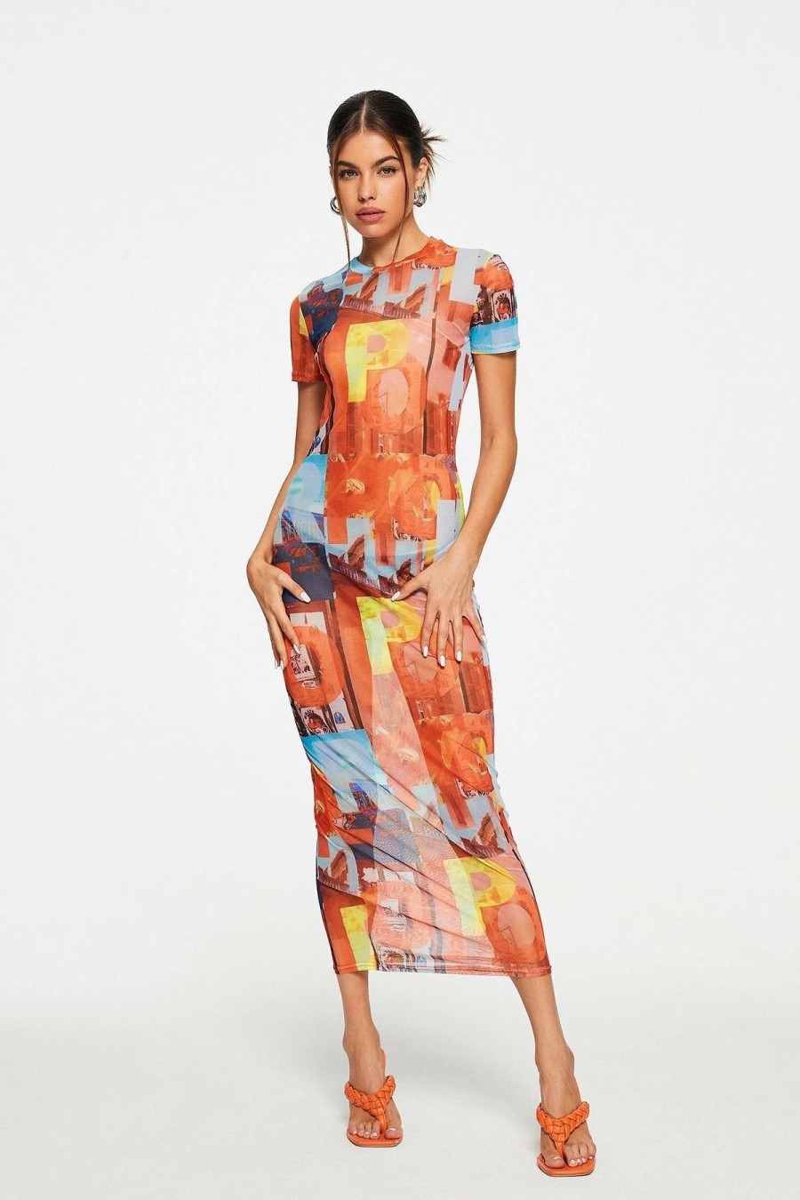 * Solado Abstract Print Mesh Short Sleeve Maxi Dress Without Underwear Orange Best