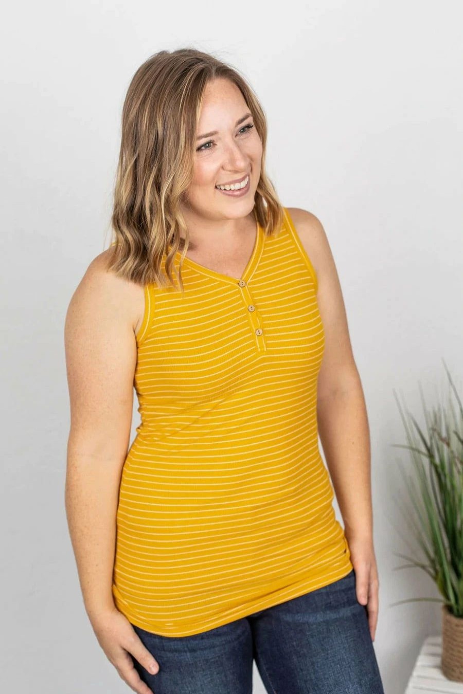 * Michelle Mae Addison Henley Tank Mustard W/White Stripes Hot