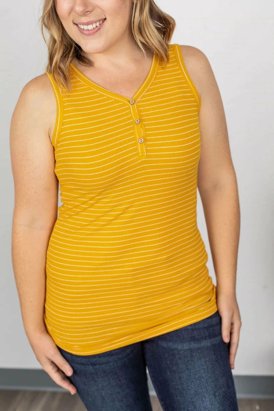 * Michelle Mae Addison Henley Tank Mustard W/White Stripes Hot