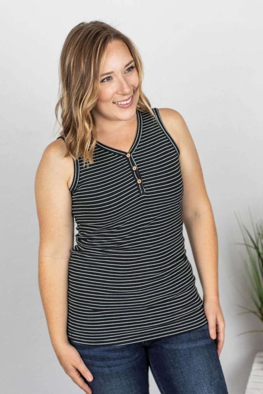 * Michelle Mae Addison Henley Tank Black W/White Stripes Best